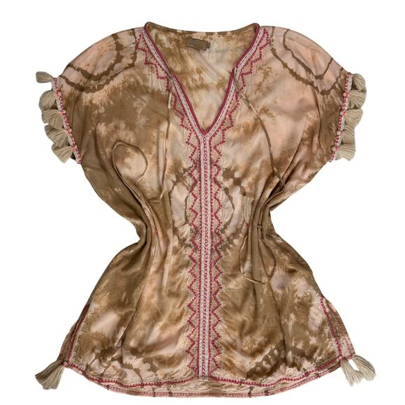 Tie Dye Kaftan Tunic Small Pink Tan Boho Chic Embroidery Tassels Festival Hippie - Picture 2 of 16